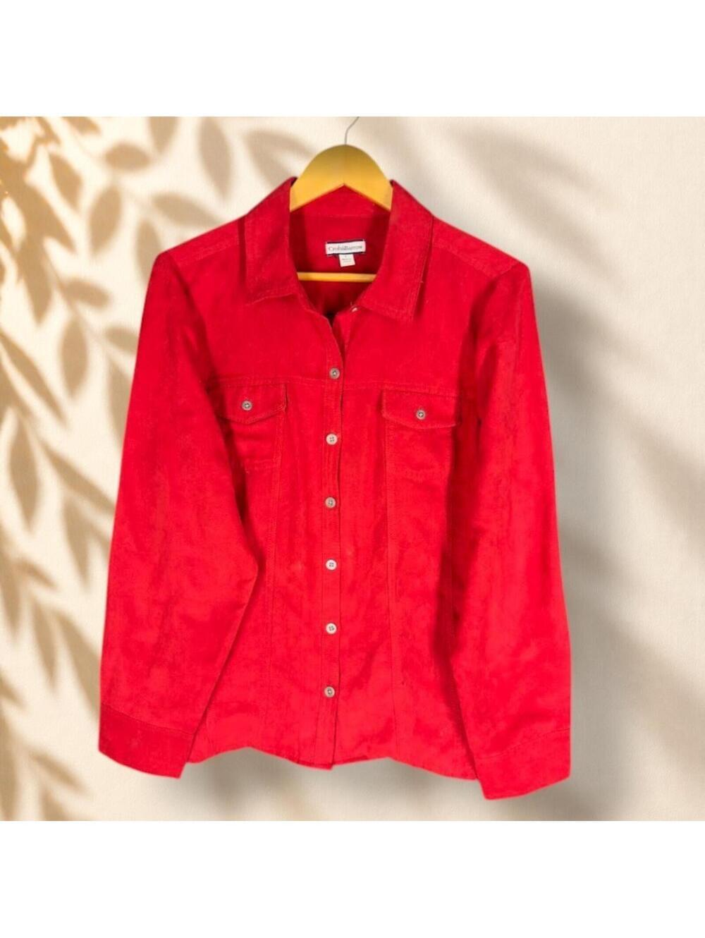Croft & Barrow Jacket Women L Large Red Button Up Collared Long Sleeve Pockets
